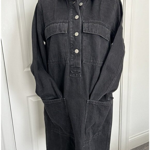 Madewell $128 Womens Patch Pocket Long Sleeve Black Denim Mini Shirtdress Size S - Picture 2 of 14